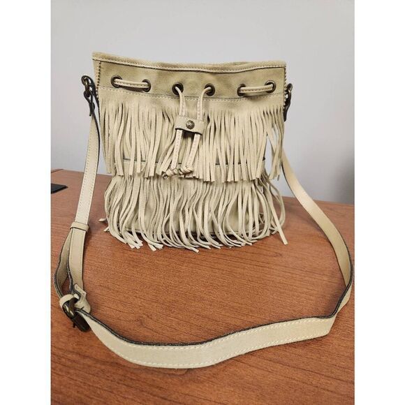 Patricia Nash Handbags - Patricia Nash Tan Suede Leather Fringe Bronte Bucket Crossbody Shoulder Bag
